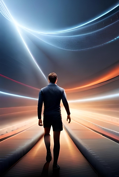 Ein Mann geht zwischen den Lichtern der Spielarena umher